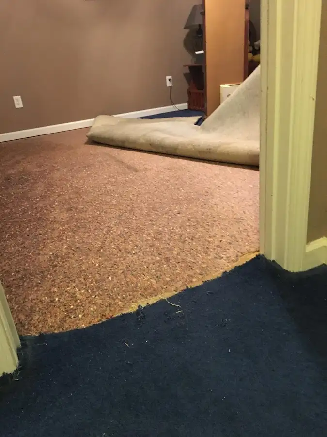 Carpet pad removal revealing water damage during Water Mitigation Services in Linwood